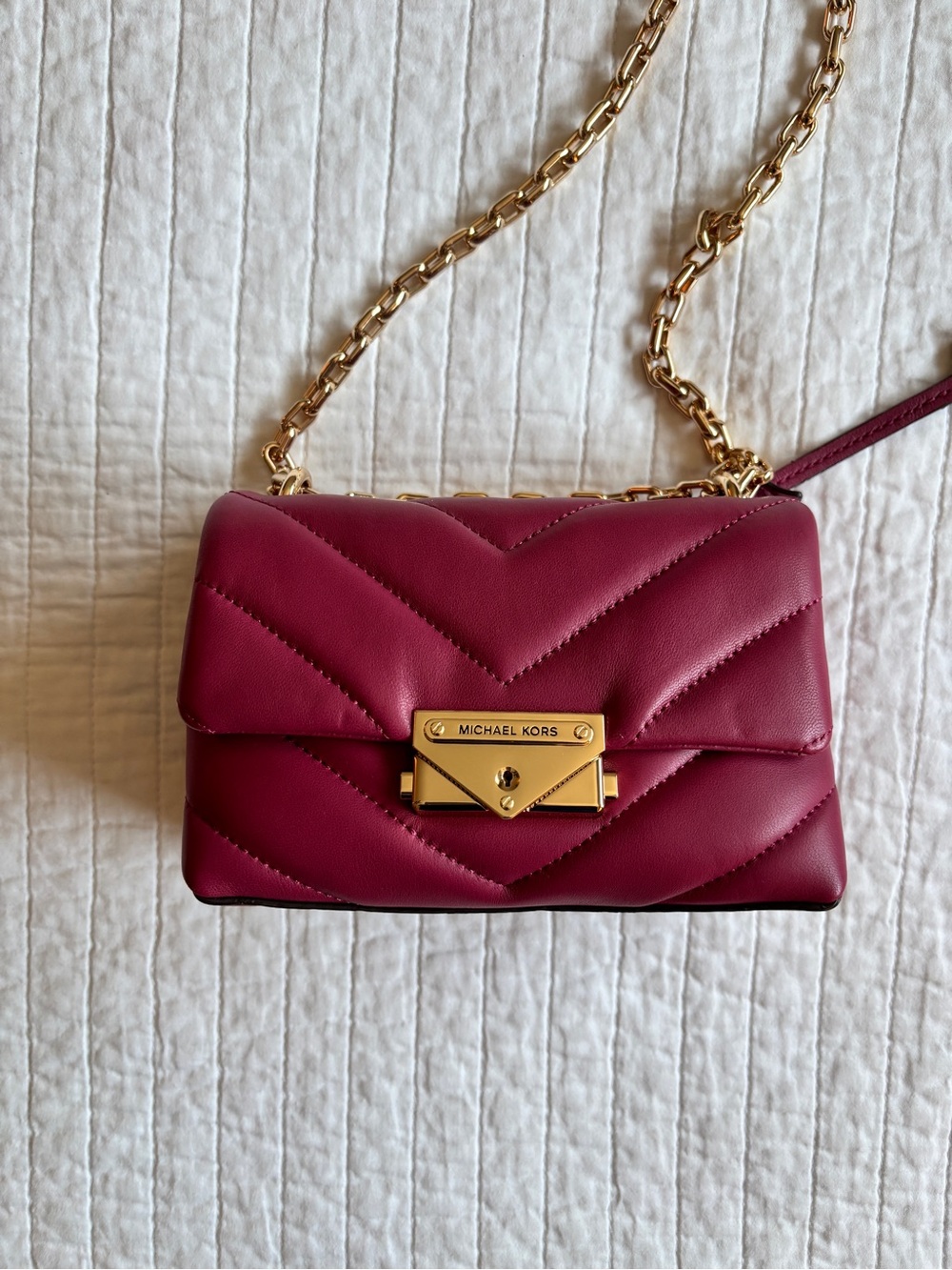 Michael Kors Mini Quilted Raspberry Leather Crossbody with Gold Chain